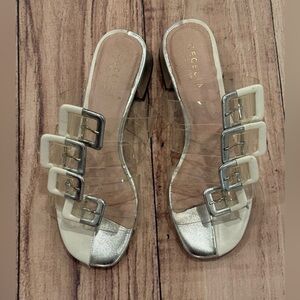 CECELIA New York women’s Lincoln Silver Slide Sandals with Clear Straps/size 6